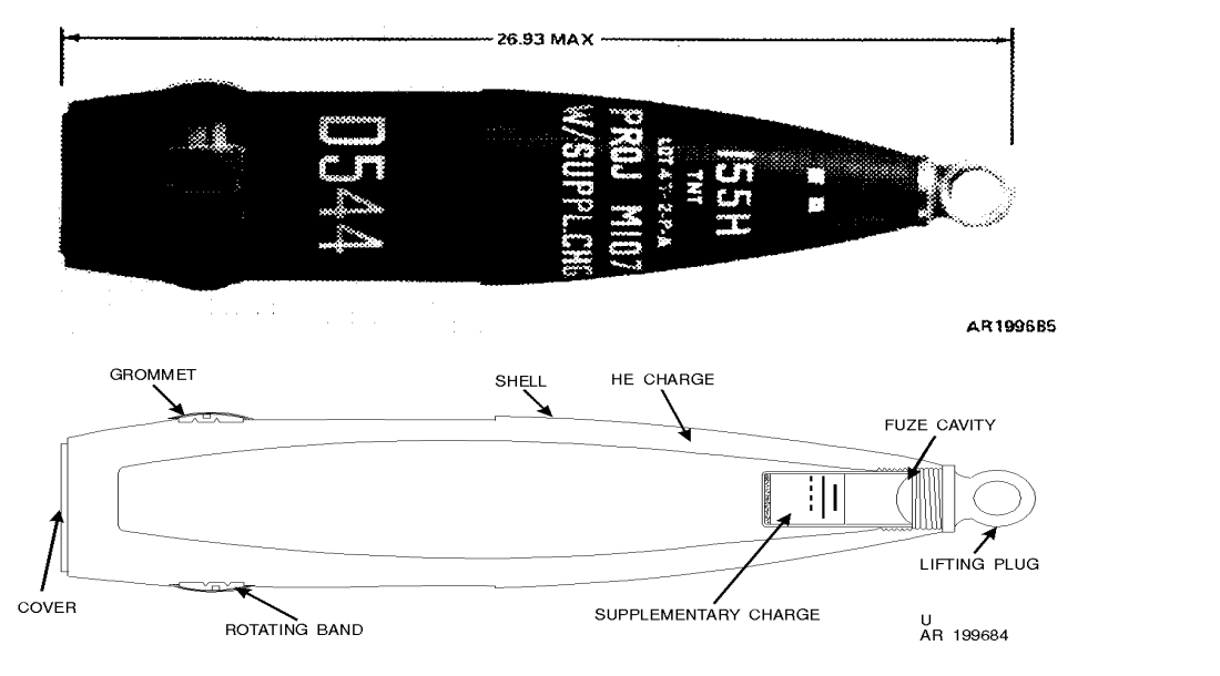 155mm HE projectile M107 with D544 markings and cutaway, from TM 43-0001-28
