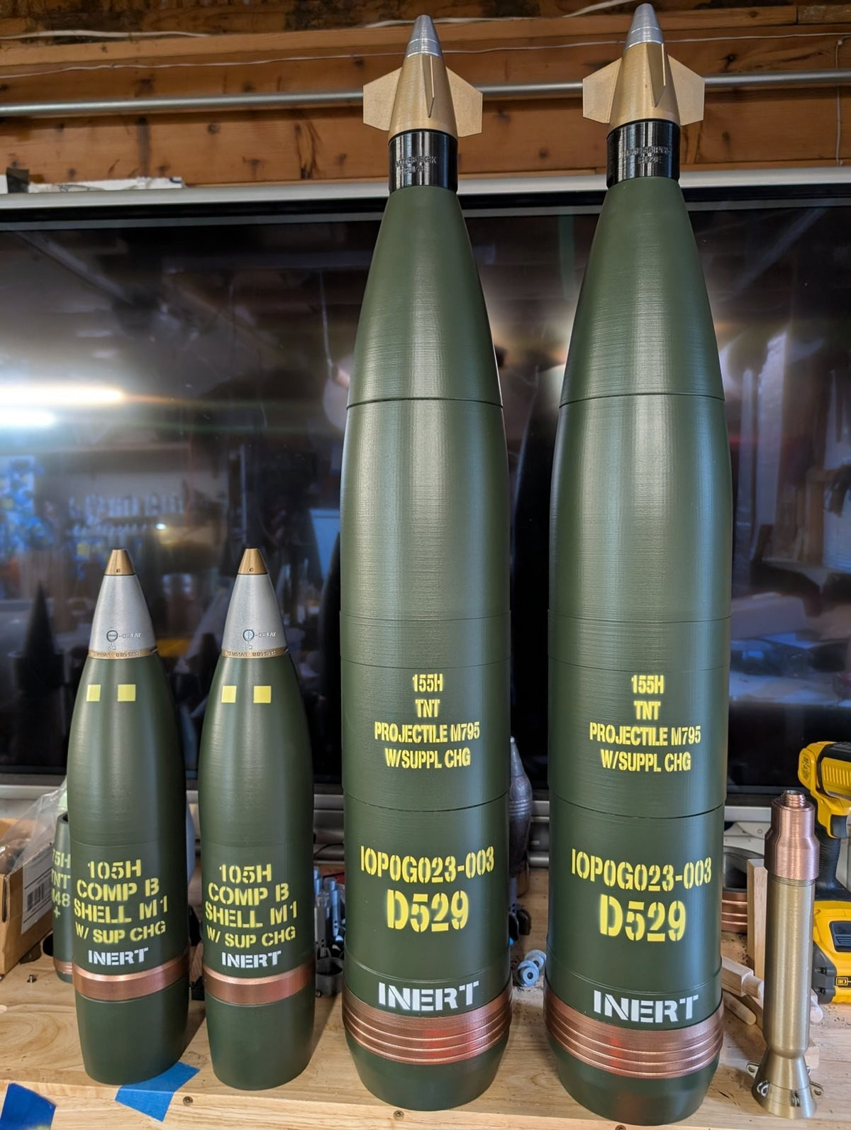 155mm M795 HE projectile with M1156 PGK fuze, inert 3D-printed replica by Redleg3D
