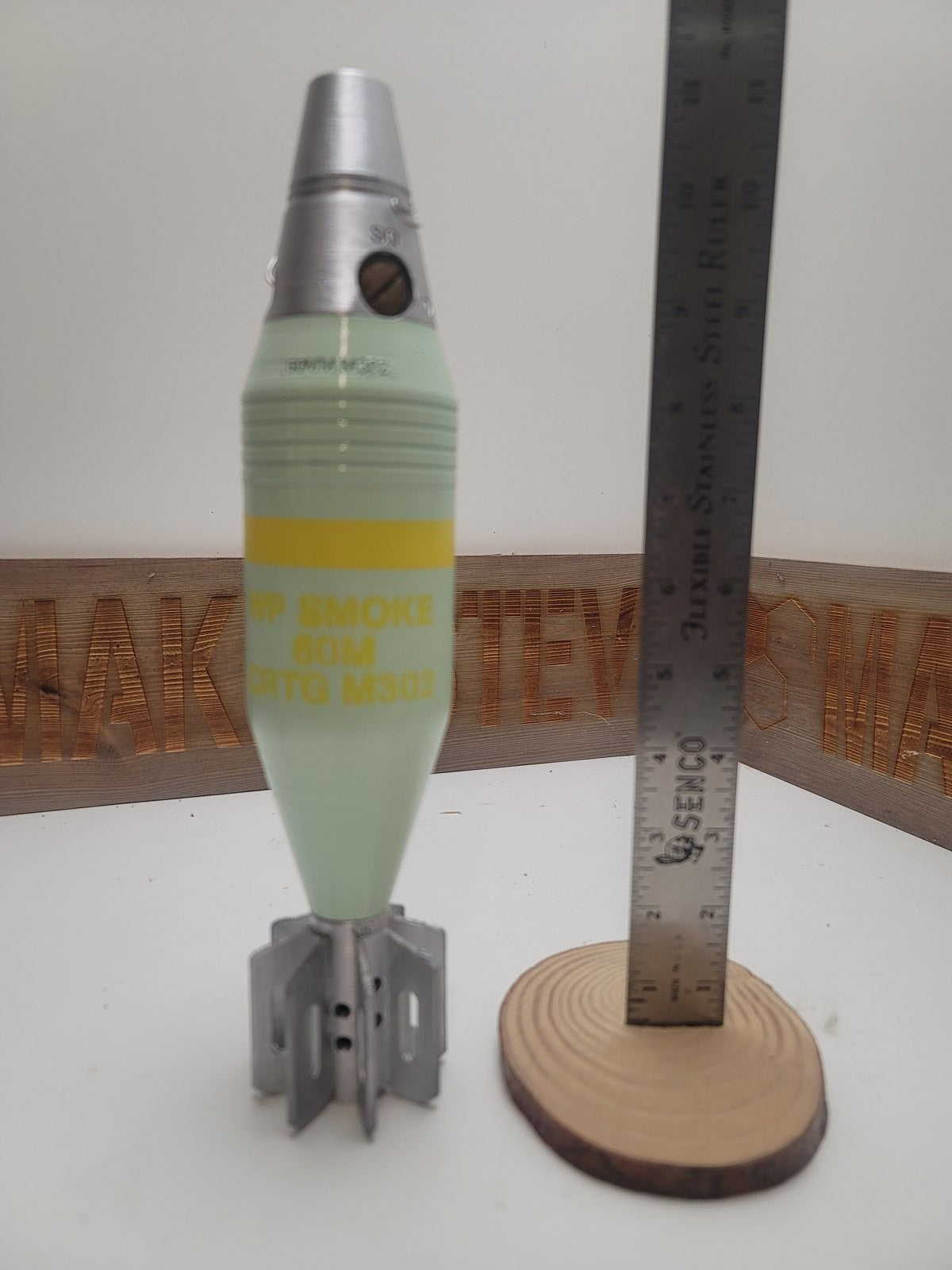 60mm M302 smoke mortar, green with M52 fuze, inert 3D-printed replica by Redleg3D
