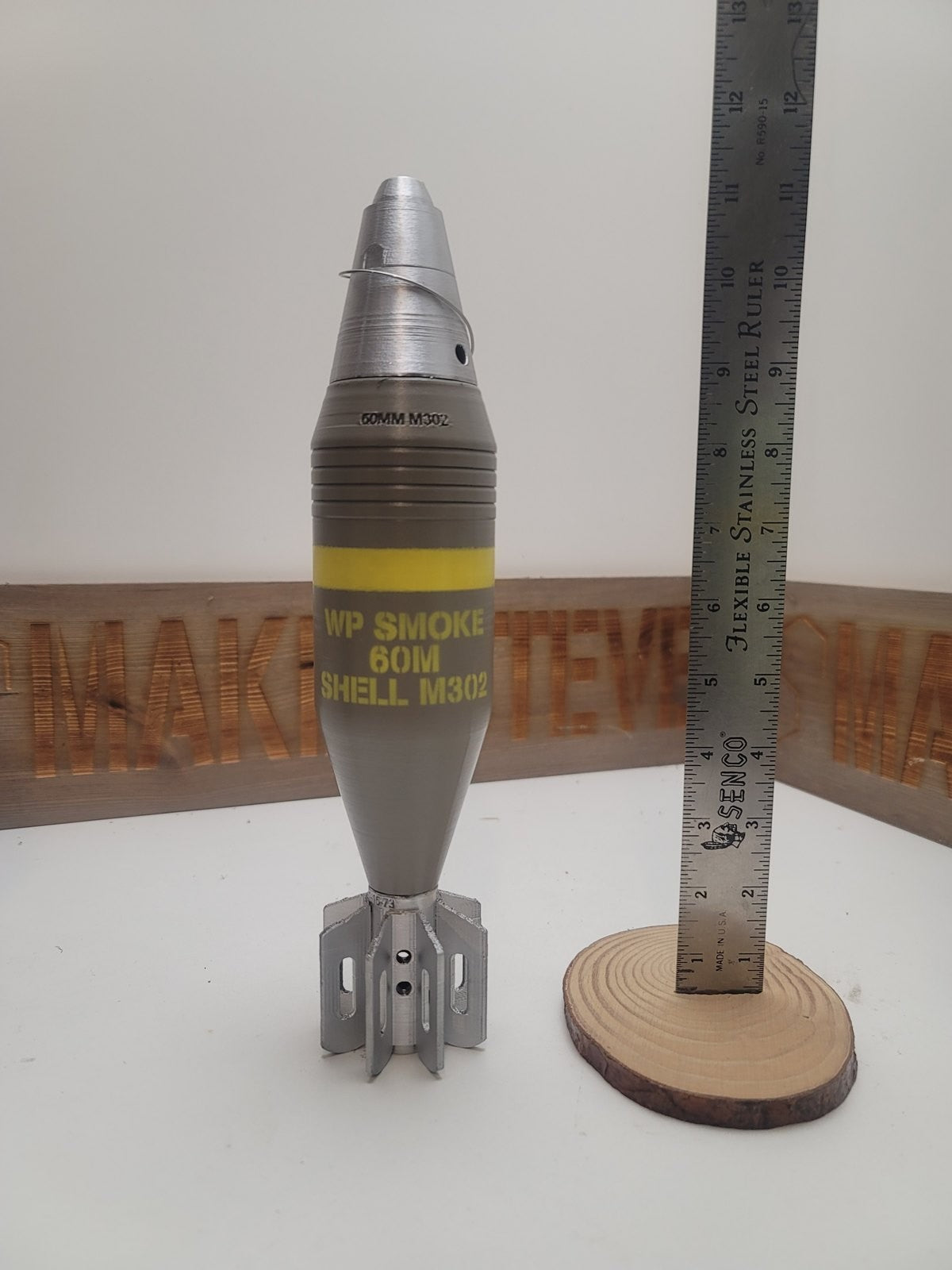60mm M302 smoke mortar, gray with M935 fuze, inert 3D-printed replica by Redleg3D
