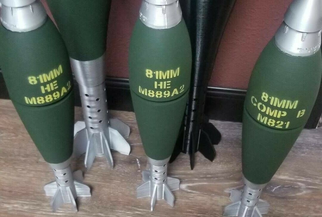 81mm mortar round replica and piggy bank, inert 3D-printed by Redleg3D.
